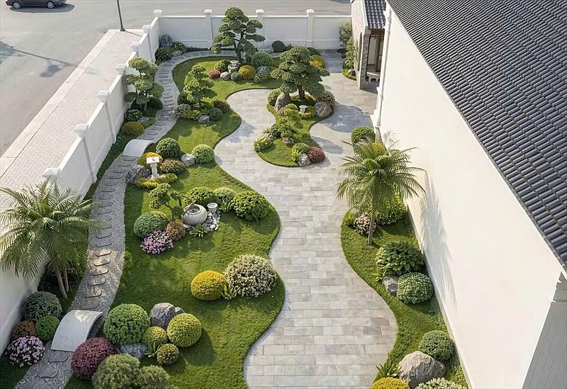 Lối đi uốn lượn giữa thảm cỏ